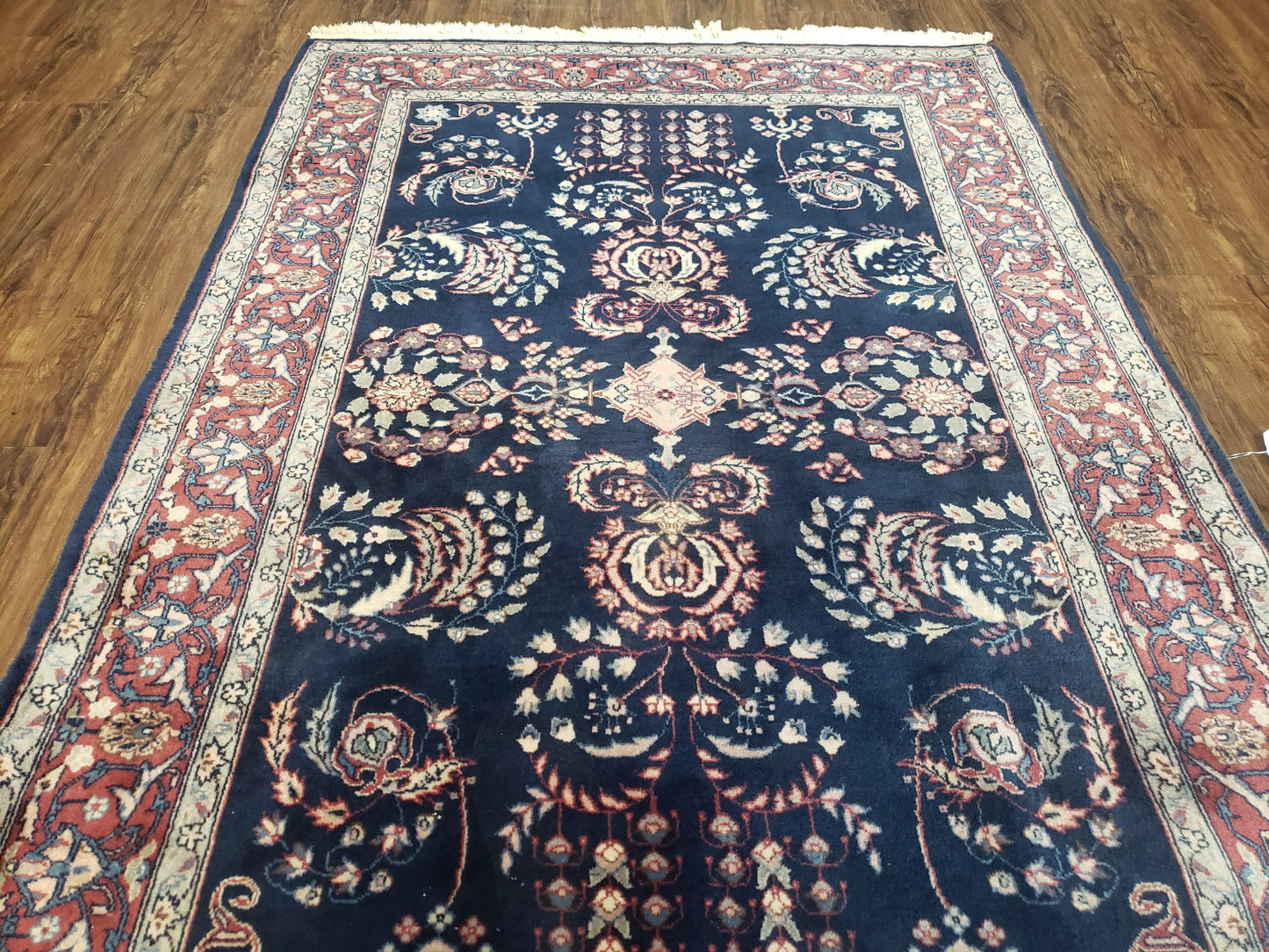 Dark Blue Indo Persian Rug 4x6, Medium Size Hand Knotted Oriental Carpet, Traditional Floral Indian Rug, Blue and Red Entryway Rug, Wool Rug