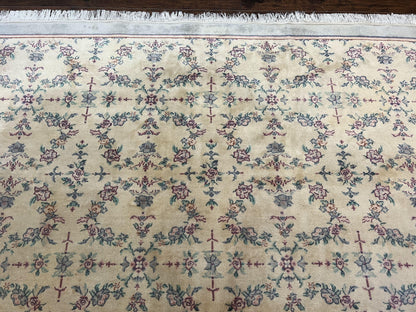 Sino Persian Rug 8x10, Floral, Oatmeal and Light Teal, Handmade Wool Vintage Carpet
