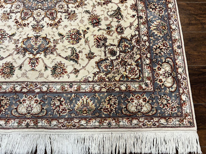 Sino Persian Square Rug 5x5, Very Fine Oriental Carpet, Wool & Silk Highlights, Ivory, Hand Knotted Handmade Vintage Traditional Rug