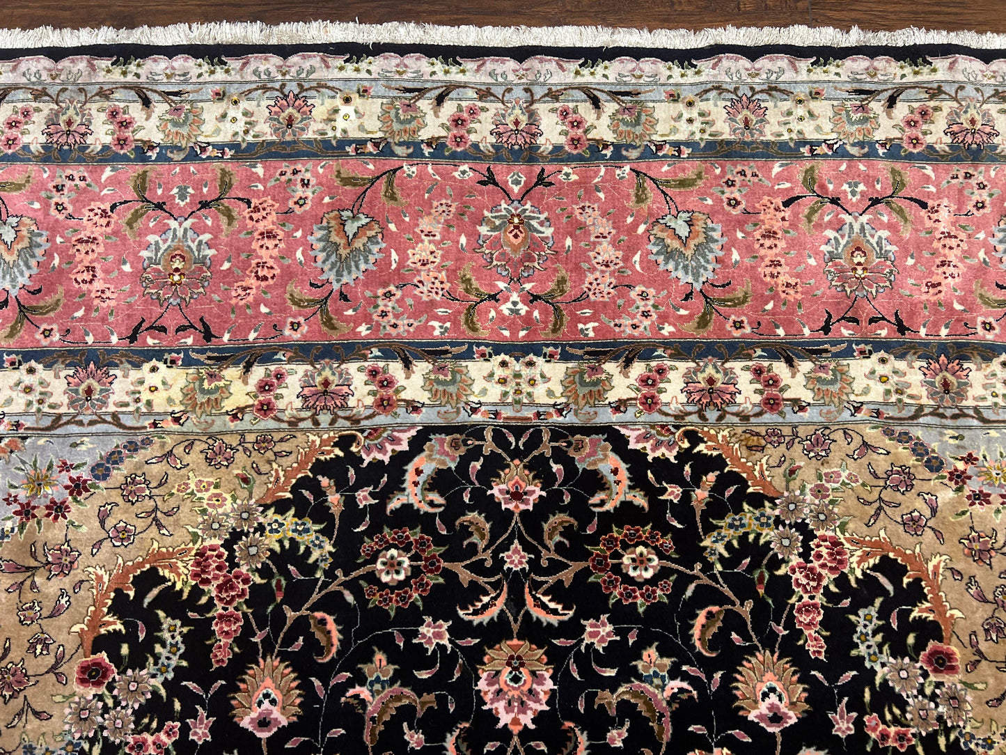 Magnificent Persian Tabriz Rug 11x16, Oversized Persian Carpet 11 x 16 ft, Wool on Silk Finely Hand Knotted, 450 KPSI, Floral Medallion, Black Pink