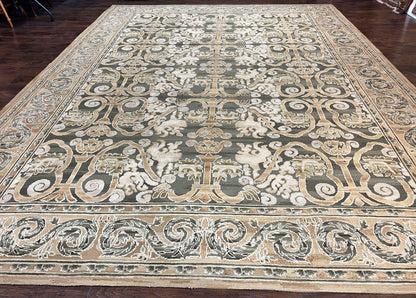 Spanish Rug 11x14, Wool Hand Knotted Vintage Carpet, Olive Green and Beige, Floral Allover, European Design, 11 x 14 Rug