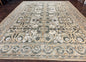 Spanish Rug 11x14, Wool Hand Knotted Vintage Carpet, Olive Green and Beige, Floral Allover, European Design, 11 x 14 Rug