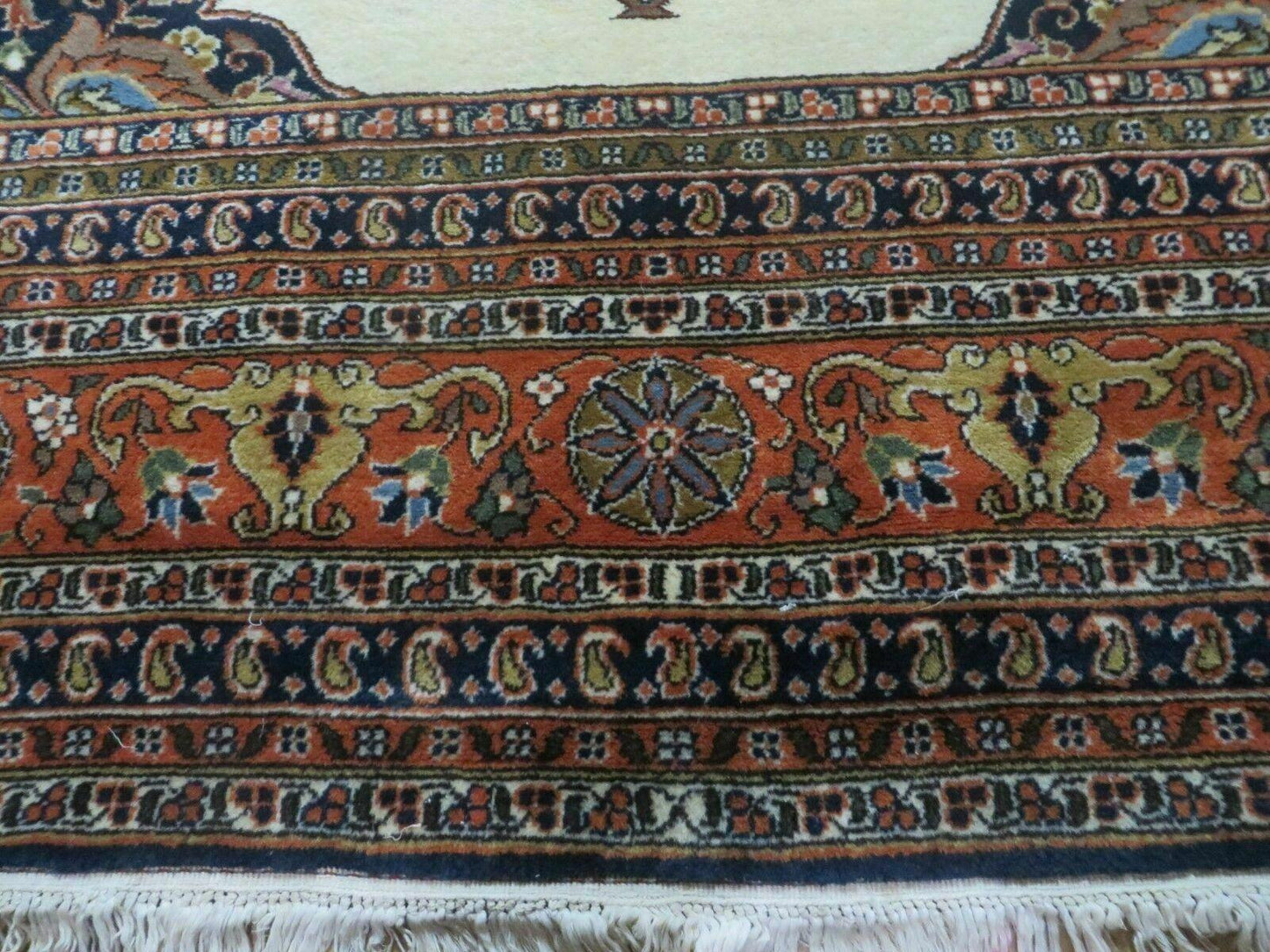 Indo Persian Rug 9x12, Semi Open Field Medallion, Ivory Tomato Red Navy Blue, Hand Knotted Indian Oriental Wool Carpet 9 x 12 ft, Room Sized