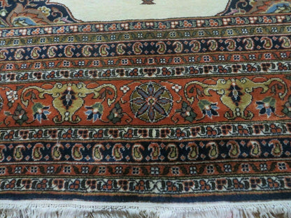 Indo Persian Rug 9x12, Semi Open Field Medallion, Ivory Tomato Red Navy Blue, Hand Knotted Indian Oriental Wool Carpet 9 x 12 ft, Room Sized