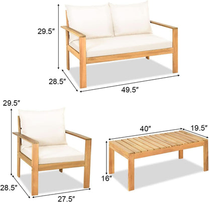 Outdoor Acacia Wood 4-Piece Chat Set Teak Finish Cushions