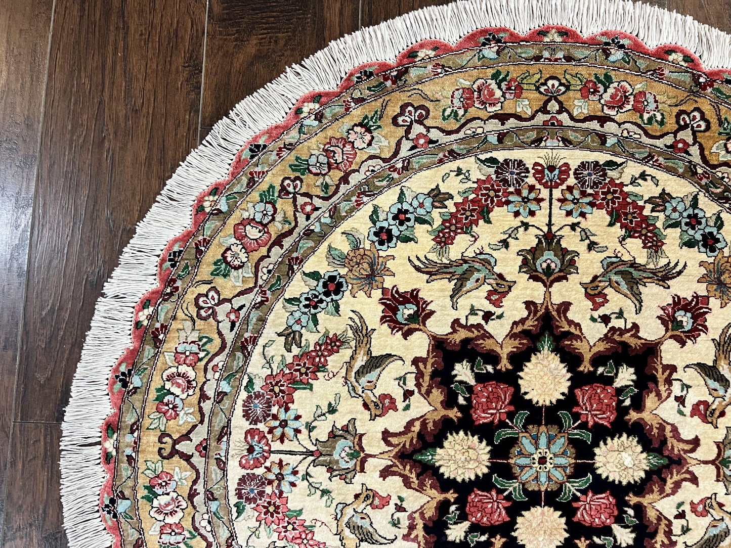 Silk Persian Tabriz Round Rug 3x3 ft, Very Fine Hand Knotted Carpet 380 KPSI, Cream & Gold, Bird Pictorials, Floral, Rare