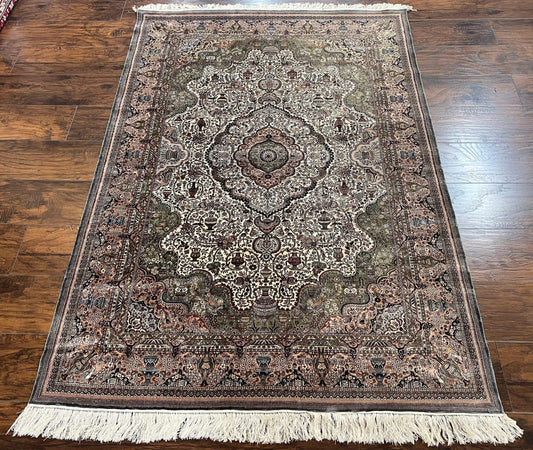 Very Fine Sino Persian Silk Rug 4x6, Floral Medallion, Hand Knotted, Silk Pile on Silk Foundation, Ivory, Vintage Handmade Oriental Carpet