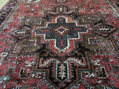 Persian Heriz Rug 8x12 Semi Antique Heriz Carpet, Room Sized Persian Carpet, Geometric Medallion, Wool, Hand Knotted, Red Ivory Dark Blue