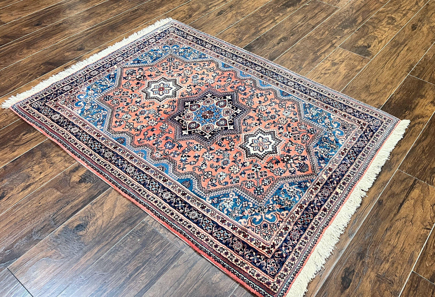 Persian Shiraz Rug 3x5, Geometric Tribal Rug, Wool Hand Knotted Vintage Carpet, Light Red & Blue, Signed by Masterweaver