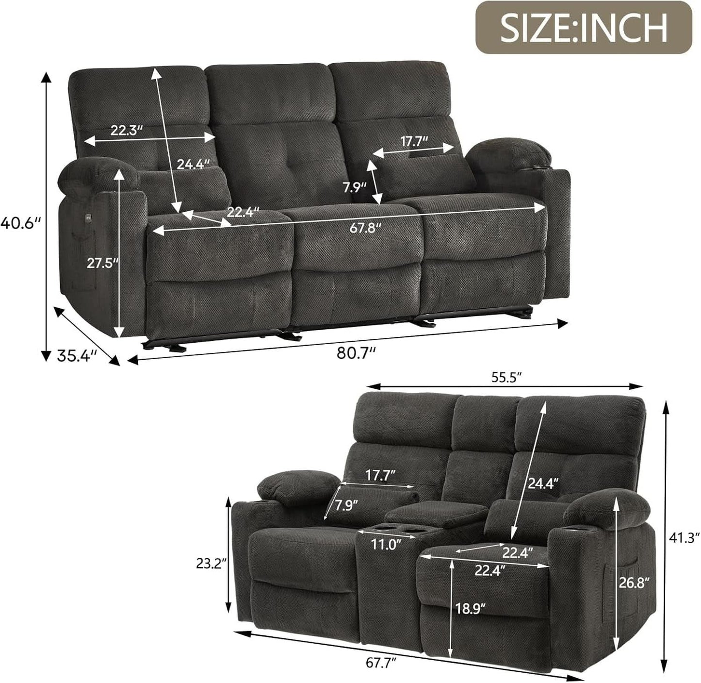 Power Reclining Sofa Set With Massage And USB Ports