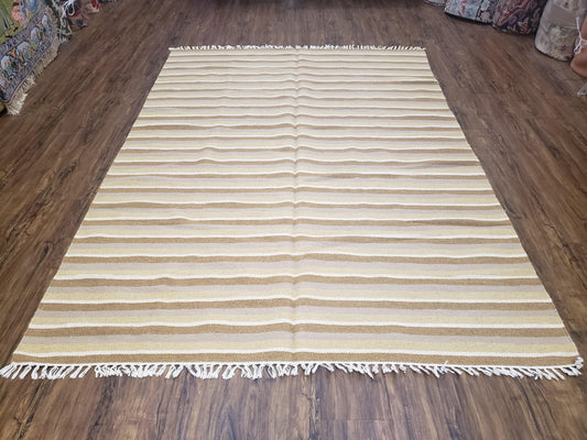 New Indian Striped Blanket, Multicolor Earthern Tones Kilim Rug, Wool Handmade South American Style Blanket, Queen Sized Bedspread 5x8 - 6x8