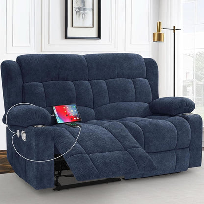 Blue Fabric Reclining Loveseat With USB Ports For Living Room
