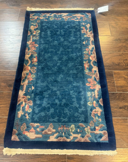 Blue Chinese Wool Rug 2.5 x 4, Peking Rug, Fete Rug, Semi Antique Chinese Carpet