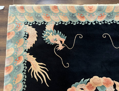 Black Chinese Wool Rug 8x10 with Dragons, Rainbow Borders, Rare
