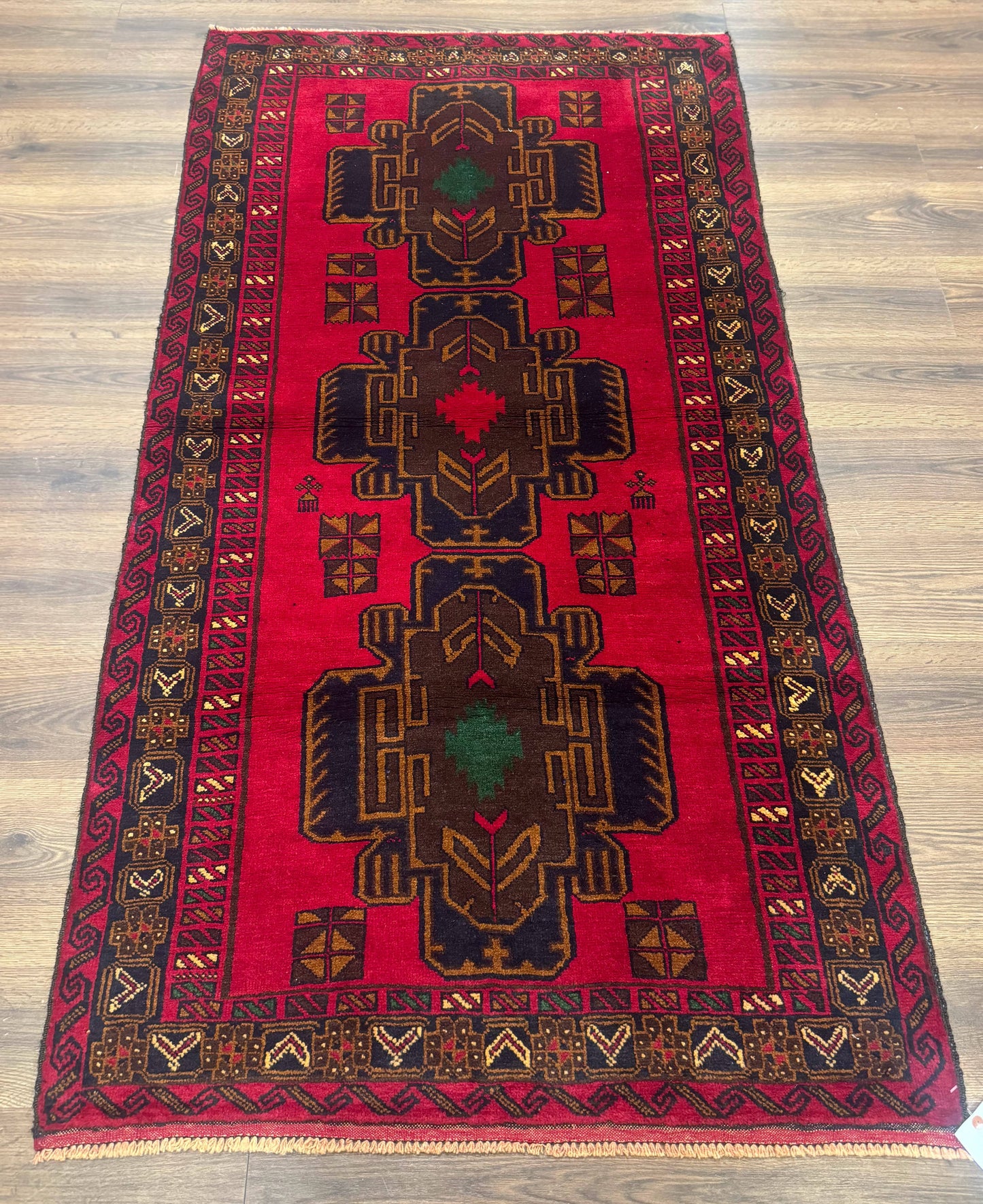 Red Afghan Balouch Rug 4x7, Triple Medallions, Handmade, New