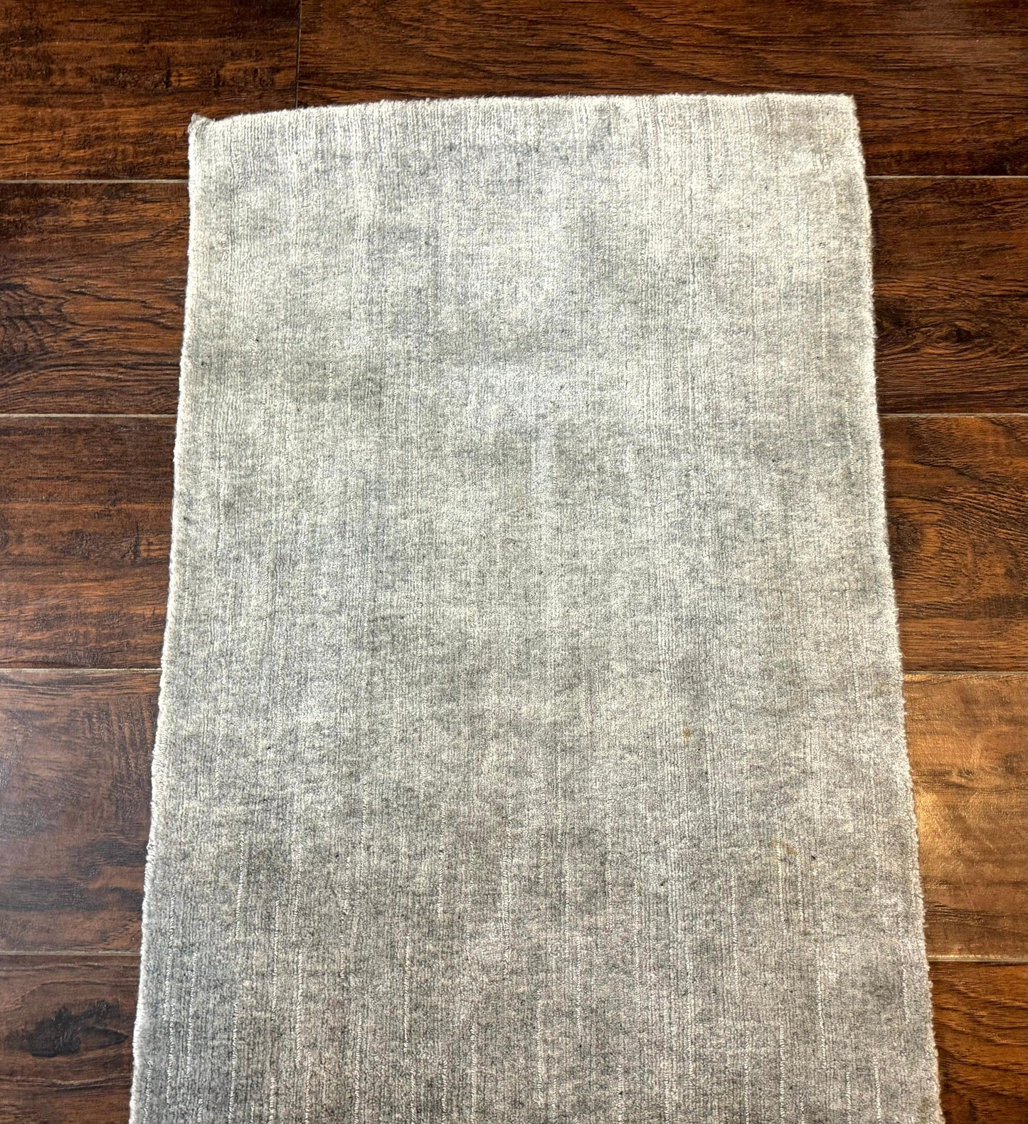 Modern Tibetan Runner Rug 1.9 x 8.6, Wool and Silk Highlights, Gray/Silver, Narrow Runner for Hallway or Kitchen