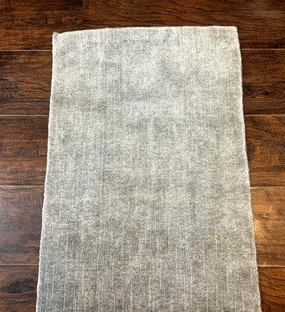 Modern Tibetan Runner Rug 1.9 x 8.6, Wool and Silk Highlights, Gray/Silver, Narrow Runner for Hallway or Kitchen