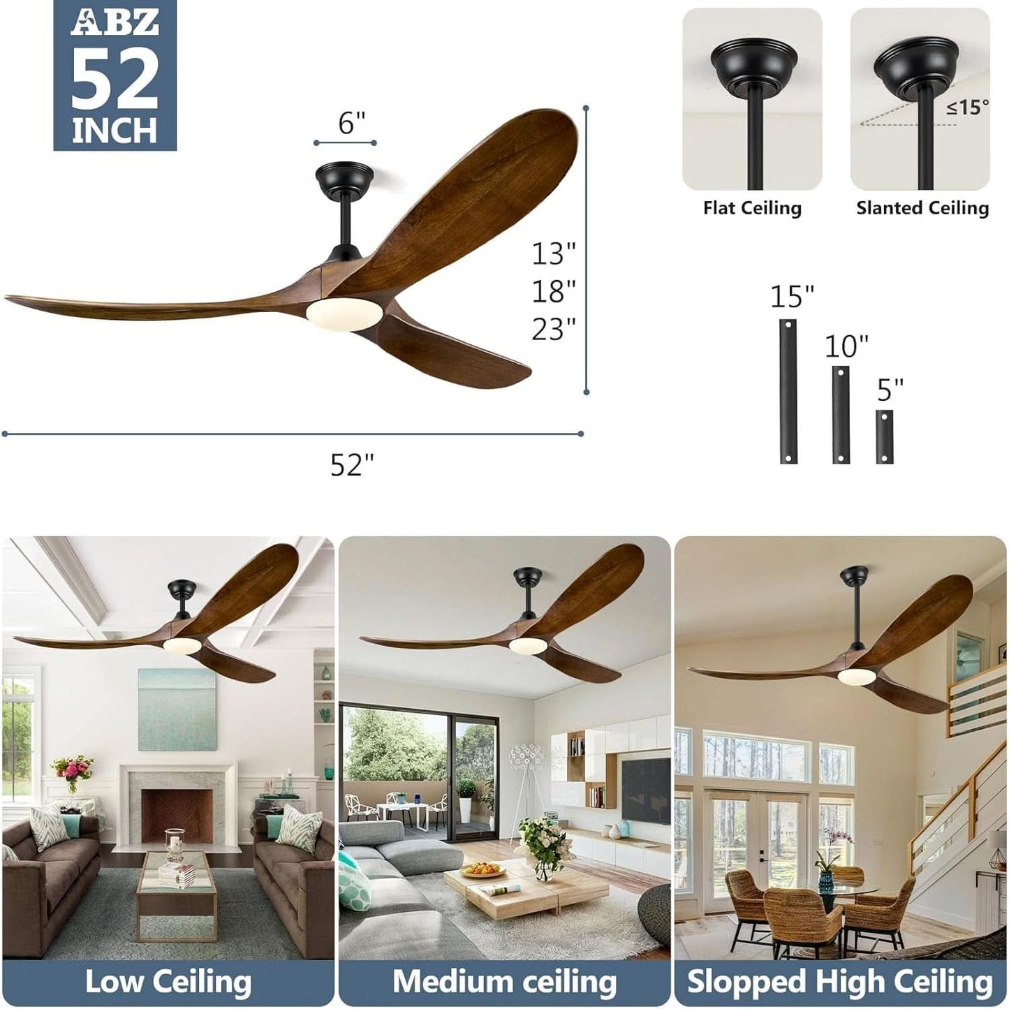 52 Inch Walnut Wood Ceiling Fan With Remote And Integrated Lights