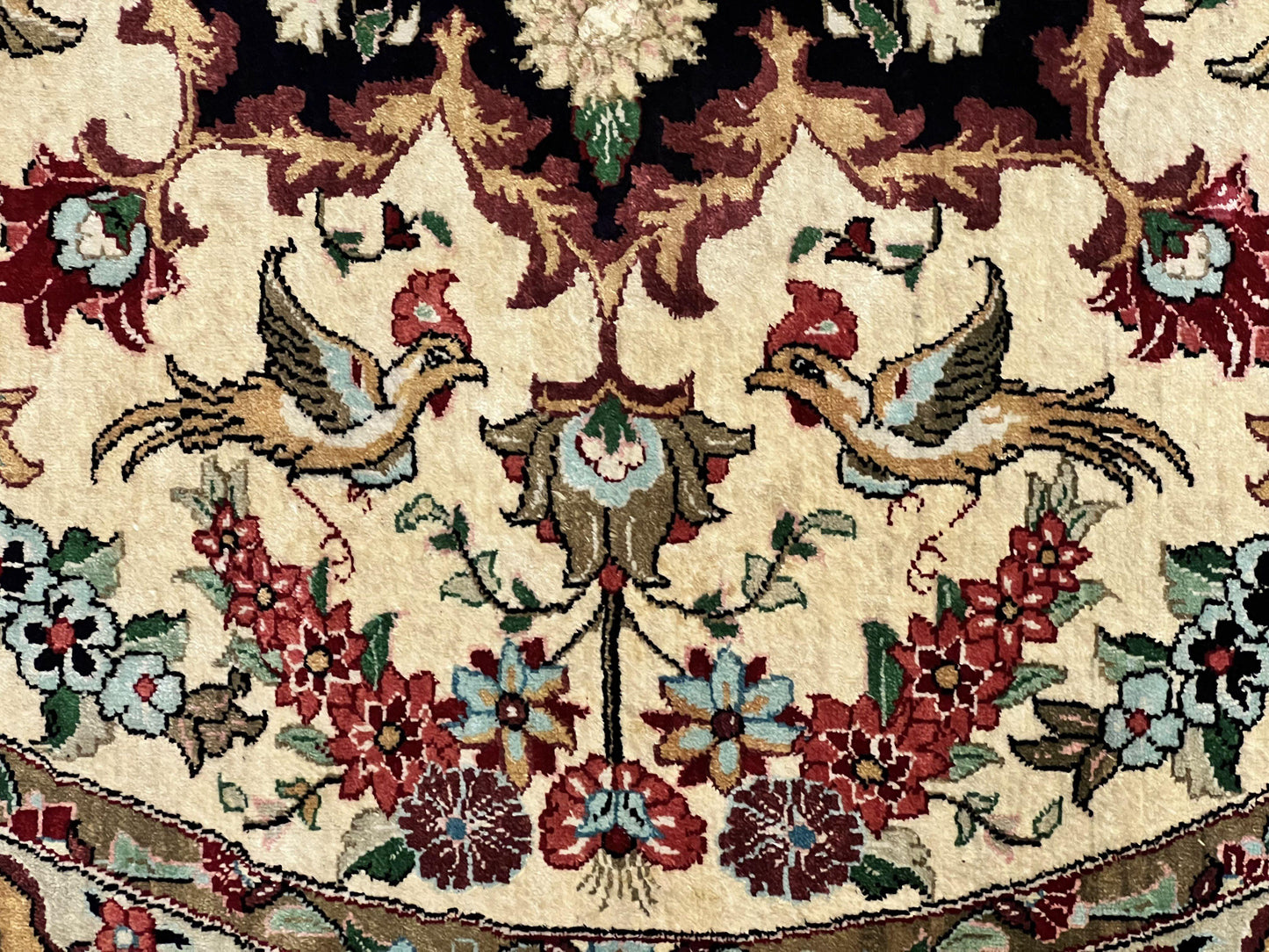 Silk Persian Tabriz Round Rug 3x3 ft, Very Fine Hand Knotted Carpet 380 KPSI, Cream & Gold, Bird Pictorials, Floral, Rare