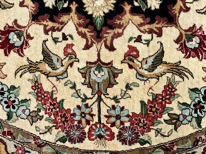 Silk Persian Tabriz Round Rug 3x3 ft, Very Fine Hand Knotted Carpet 380 KPSI, Cream & Gold, Bird Pictorials, Floral, Rare