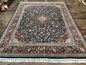 Indo Persian Rug 8x10, Floral Medallion, Vintage Handmade Wool Carpet, Navy Blue and Red, Fine 300 KPSI