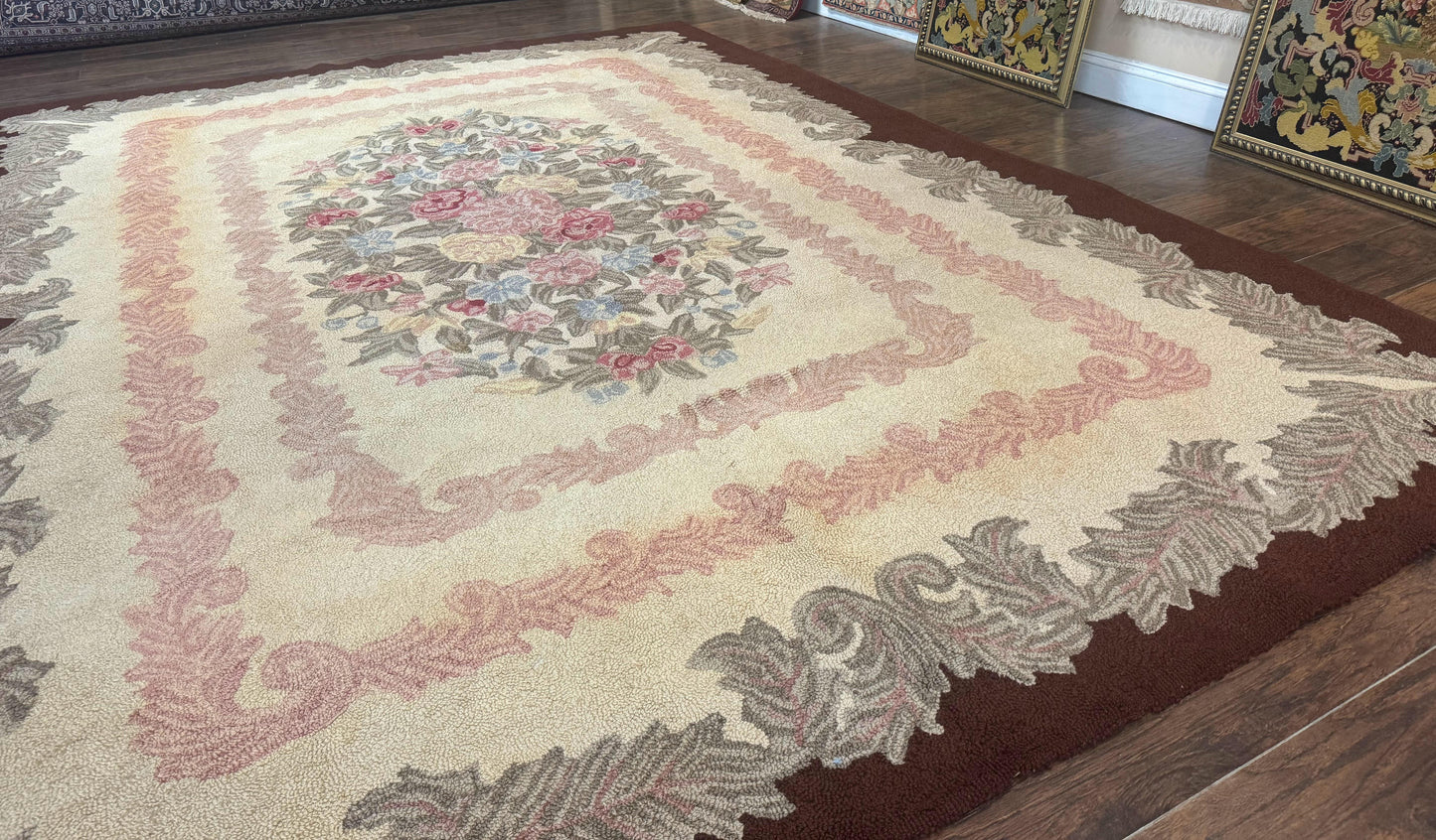 American Hand Hooked Rug 9x12, Vintage Aubusson Carpet, Wool