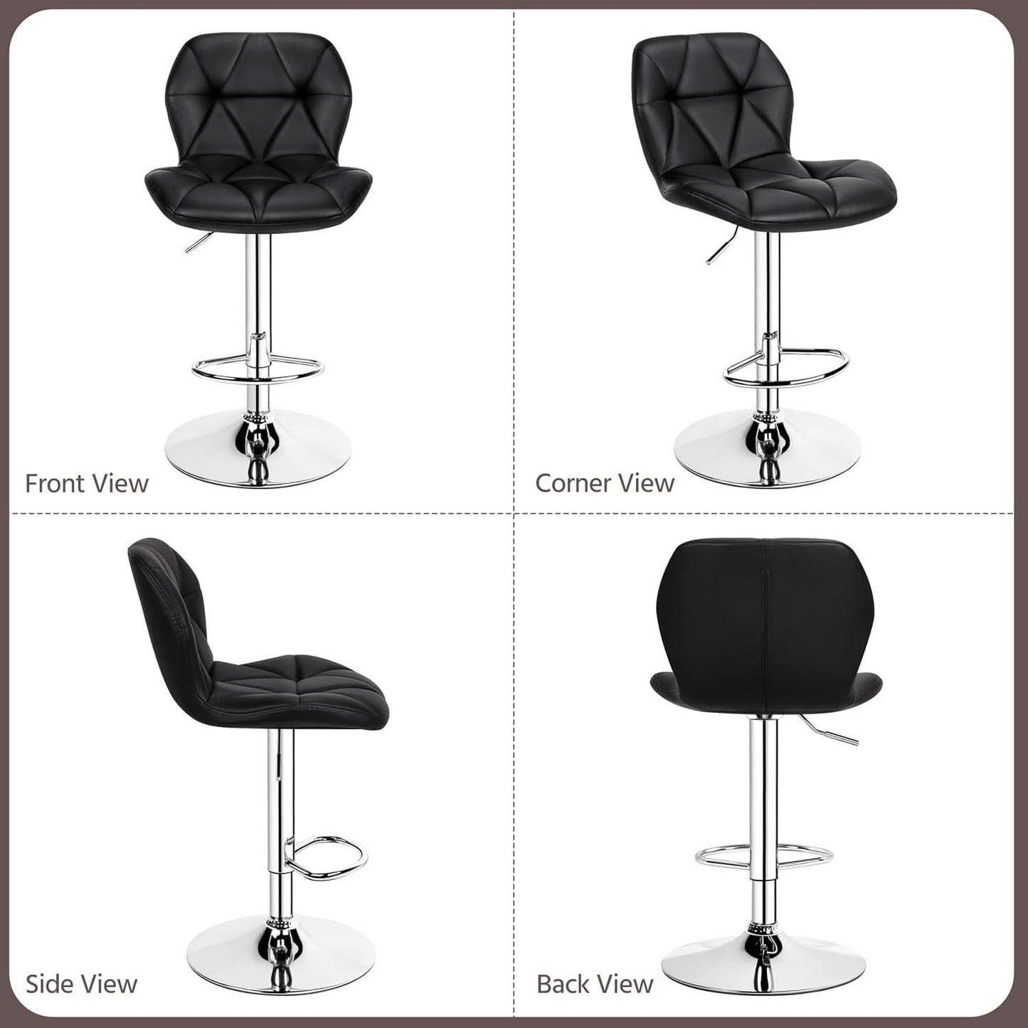 Set Of 2 Modern Adjustable Black PU Leather Bar Stools