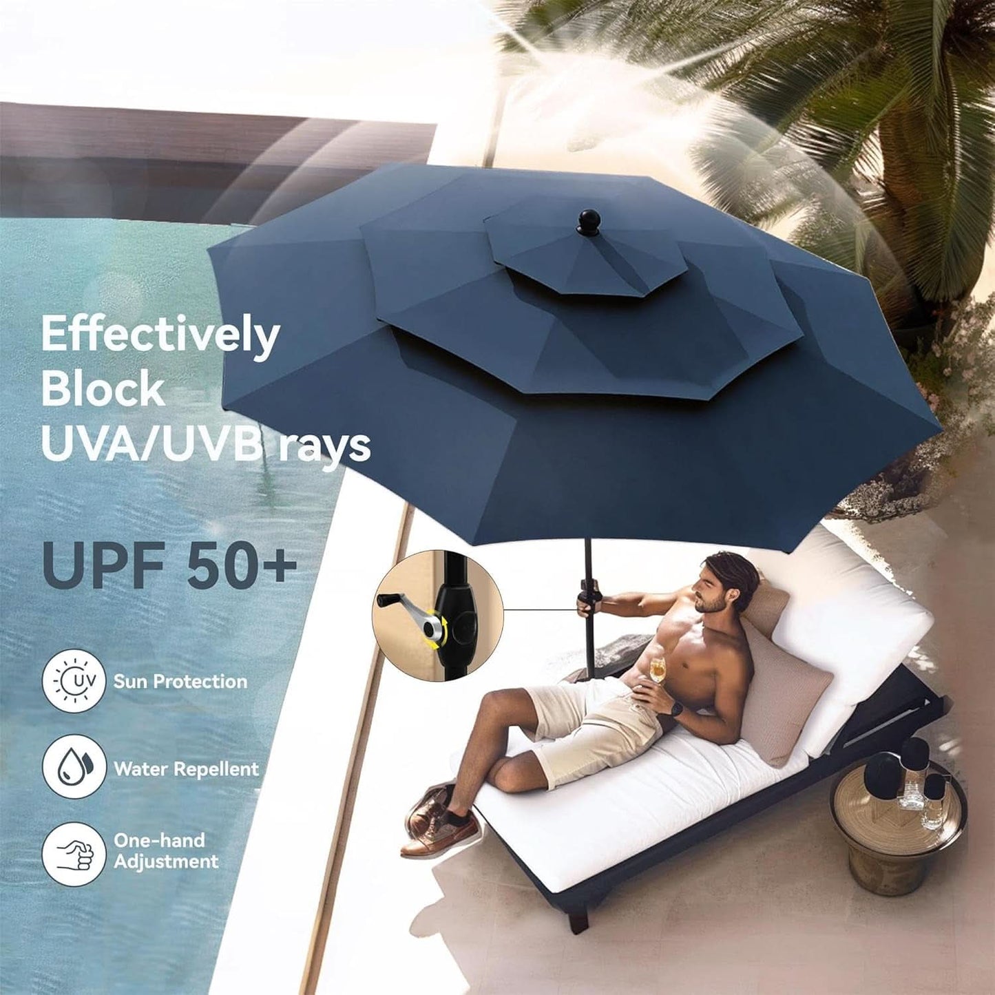 Patio Dining Set for 4 With Navy Umbrella and Padded Chairs