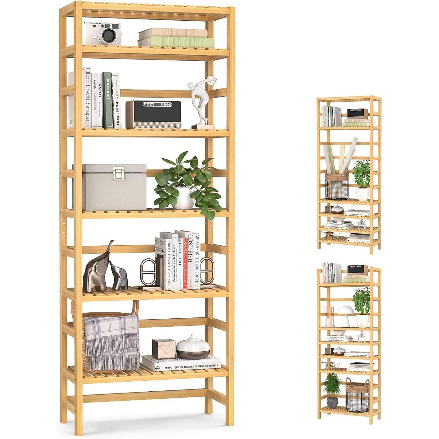 Six Tier Adjustable Bamboo Bookshelf Tall 63 Inch Natural