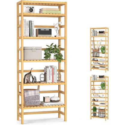 Six Tier Adjustable Bamboo Bookshelf Tall 63 Inch Natural