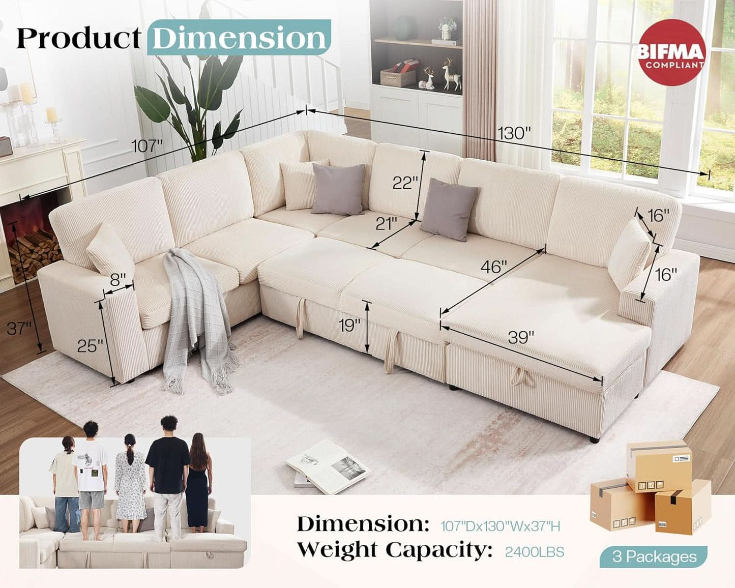 130 Inch Beige Corduroy Sectional Sofa Bed Storage Compartment