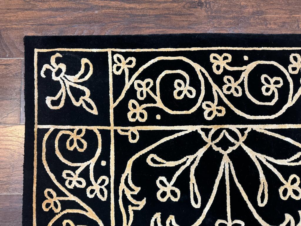 Tibetan Rug 8x10, Wool and Silk, Raised Pattern, Black and Gold, Floral