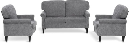 3 Piece Living Room Furniture Set Grey Linen Fabric Loveseat And Two Accent Chairs