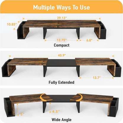 Desk Dual Monitor Stand Riser With Drawer Rustic Brown