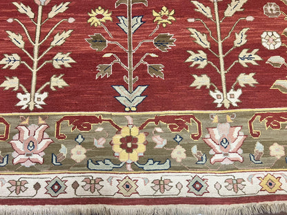 Indian Rug 10x14, Wool Hand Knotted Flatweave Carpet, Tree of Life, Red and Green