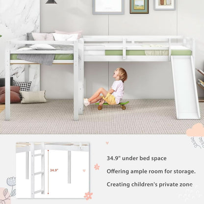 Wooden Twin Loft Bed With Slide And Ladder White For Kids Teens