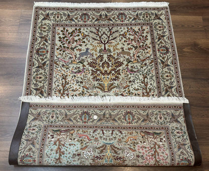 Wonderful Persian Tabriz Rug 3x5, Tree of Life, Animal Pictorials, Birds, Wool & Silk Highlights, Fine 330 KPSI