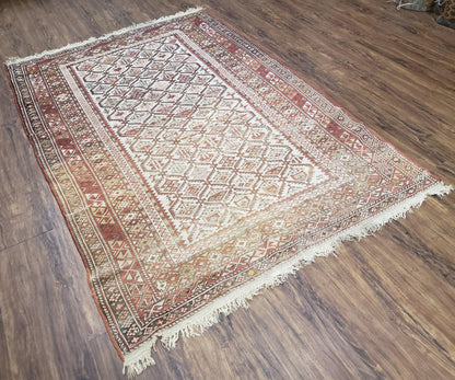 Antique Caucasian Shirvan Rug 4x6, Dagestan Area Rug, Wool Hand-Knotted Soft Red & Ivory 1920s Oriental Carpet, Soft Muted Colors