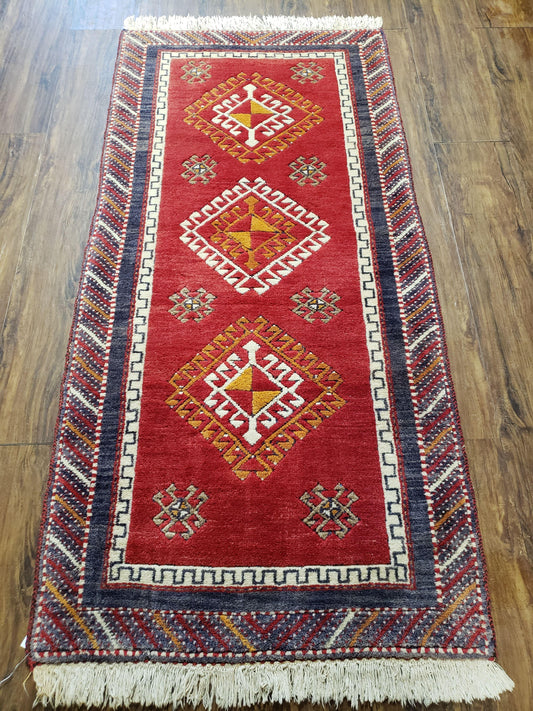 Vintage Turkish Kazak Rug 2.5 x 5 Red Wool Carpet Medallions Runner Geometric
