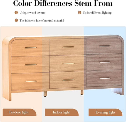 SolidOak Curved Nine Drawer Dresser SixtyThreeInches