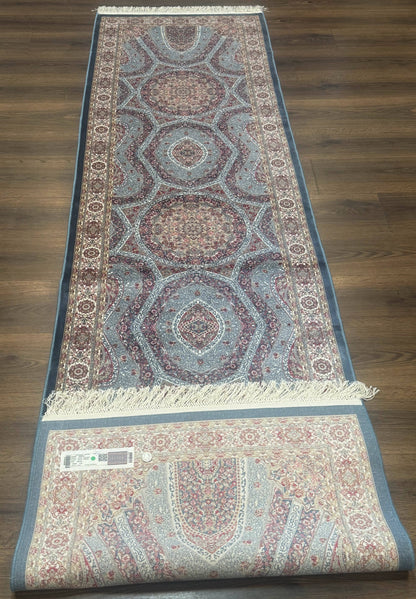 Turkish Silk Runner Rug 2.6 x 10, Light Blue Carpet, Bamboo Silk, New