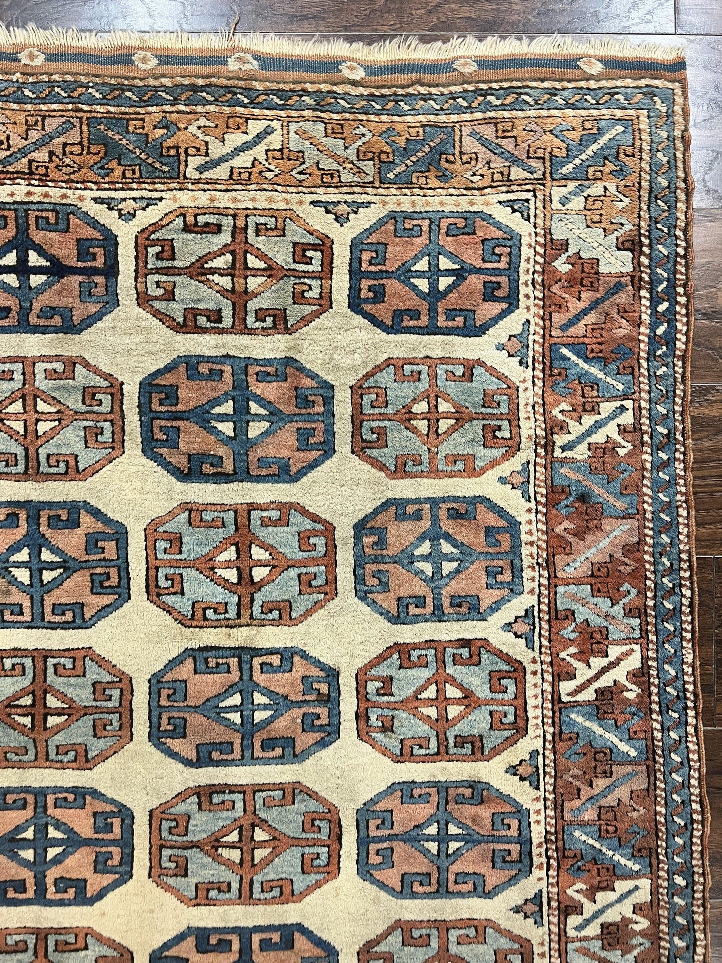 Turkish Kazak Rug 3x4, Wool Hand Knotted Handmade Vintage Carpet, Geometric Tribal Repeated Motif, Small 3 x 4 Antique Rug, Cream Red