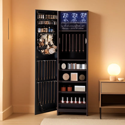 47.2 Inch Tall Black Lockable Mirror Jewelry Cabinet
