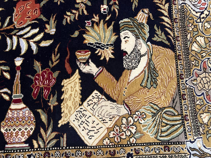 Persian Qum Pictorial Rug 4.8 x 6.5 - Layla & Majnun, Birds