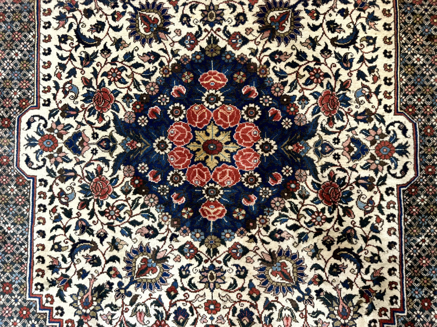 Persian Rug 7x10, Bakhtiari Saman Rug, Unique Design and Colors, Ivory Red Blue, Large Tribal Rug