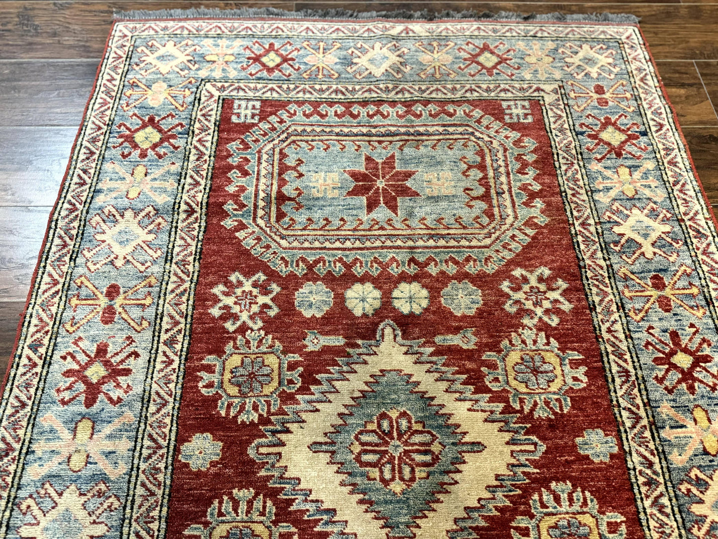 Turkish Kazak Rug 4x6, Handmade Vintage Wool Carpet, Geometric Design, Red and Light Blue