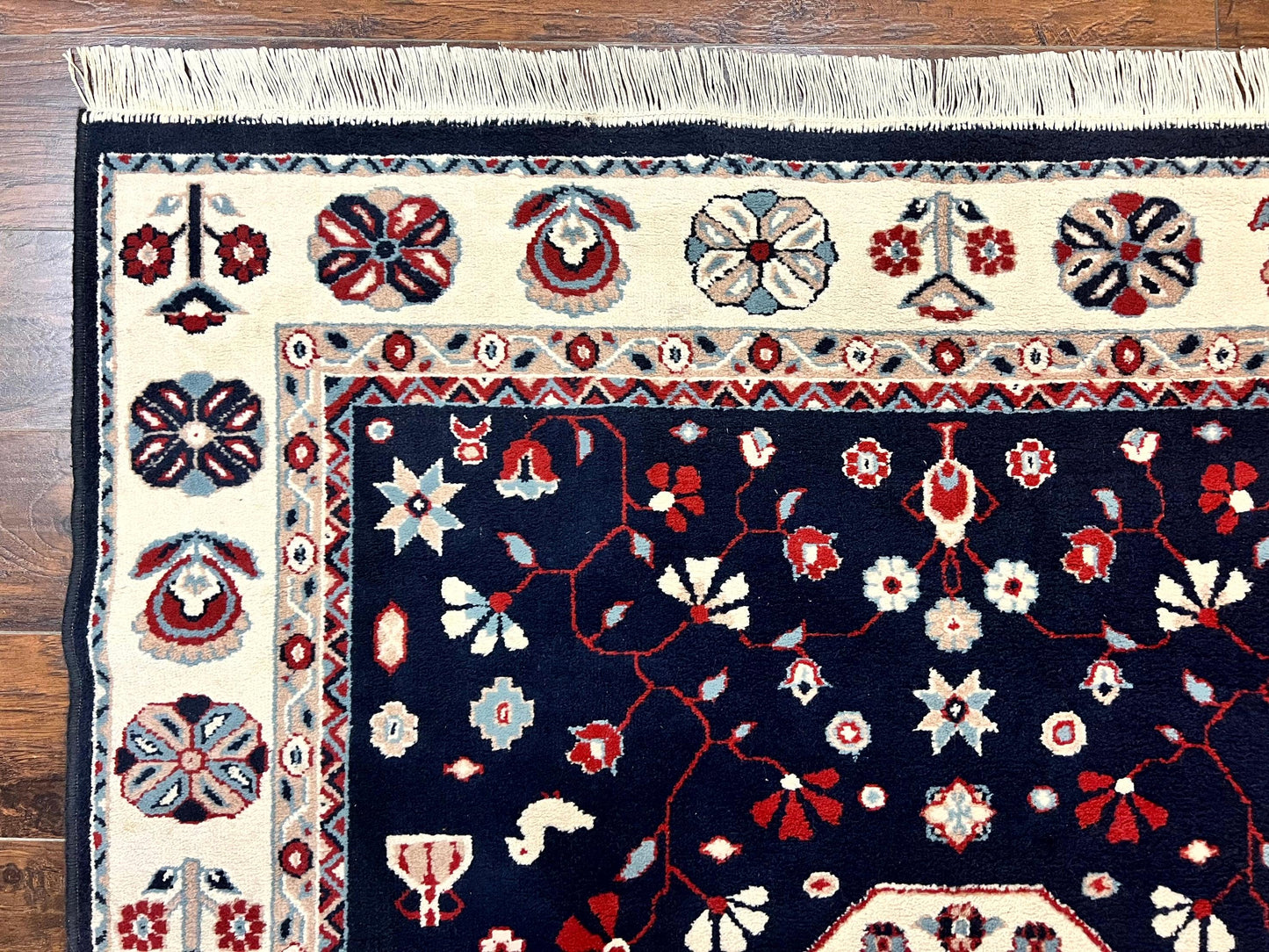 Belgium Power Loomed Rug 5.6 x 7, Navy Blue and Ivory, Heriz Pattern, Vintage Oriental Carpet