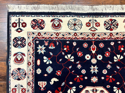 Belgium Power Loomed Rug 5.6 x 7, Navy Blue and Ivory, Heriz Pattern, Vintage Oriental Carpet