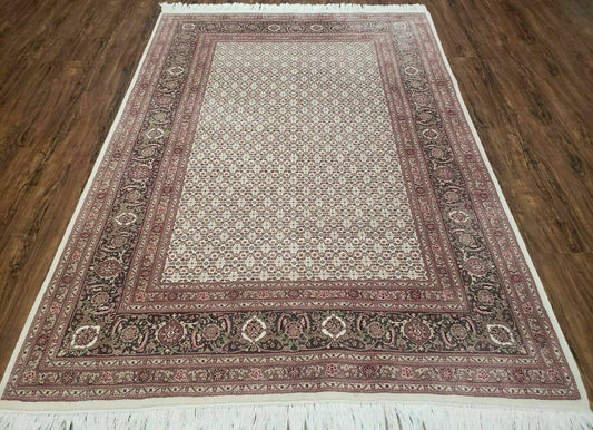 Vintage Persian Tabriz Rug 5x7, Beige and Green, Hand Knotted Handmade Wool Oriental Carpet 5 x 7 ft, Allover Pattern, Traditional Rug, Medium Size