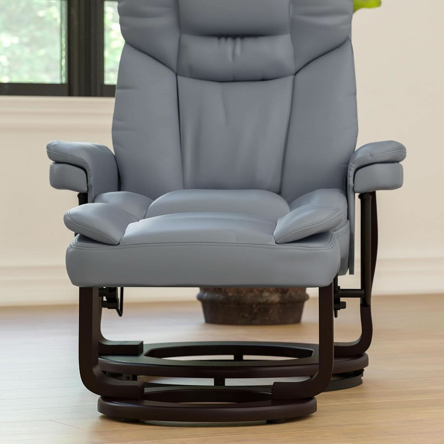Gray Recliner With Swivel Mahogany Base And Ottoman
